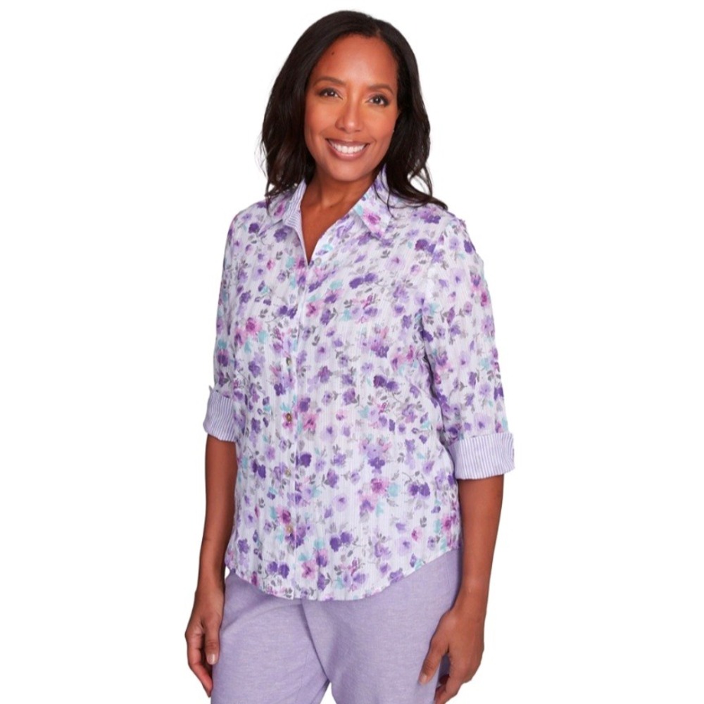 Alfred Dunner Women's Large Floral Contrast Cuff Button Down Top Lilac Oversize